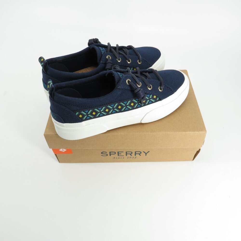 Sperry Womens Navy Canvas Sneakers Patterned Details White Soles Size 6.5 NEW